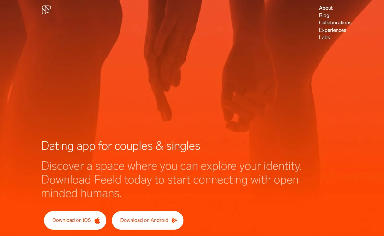 Screenshot of the Feeld landing page showing the legs and hands of humans in orange colour