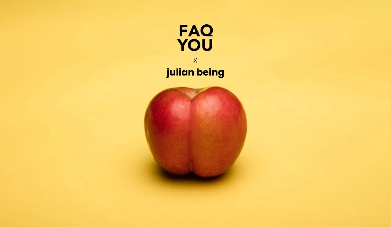 A peach in front of a yellow background
